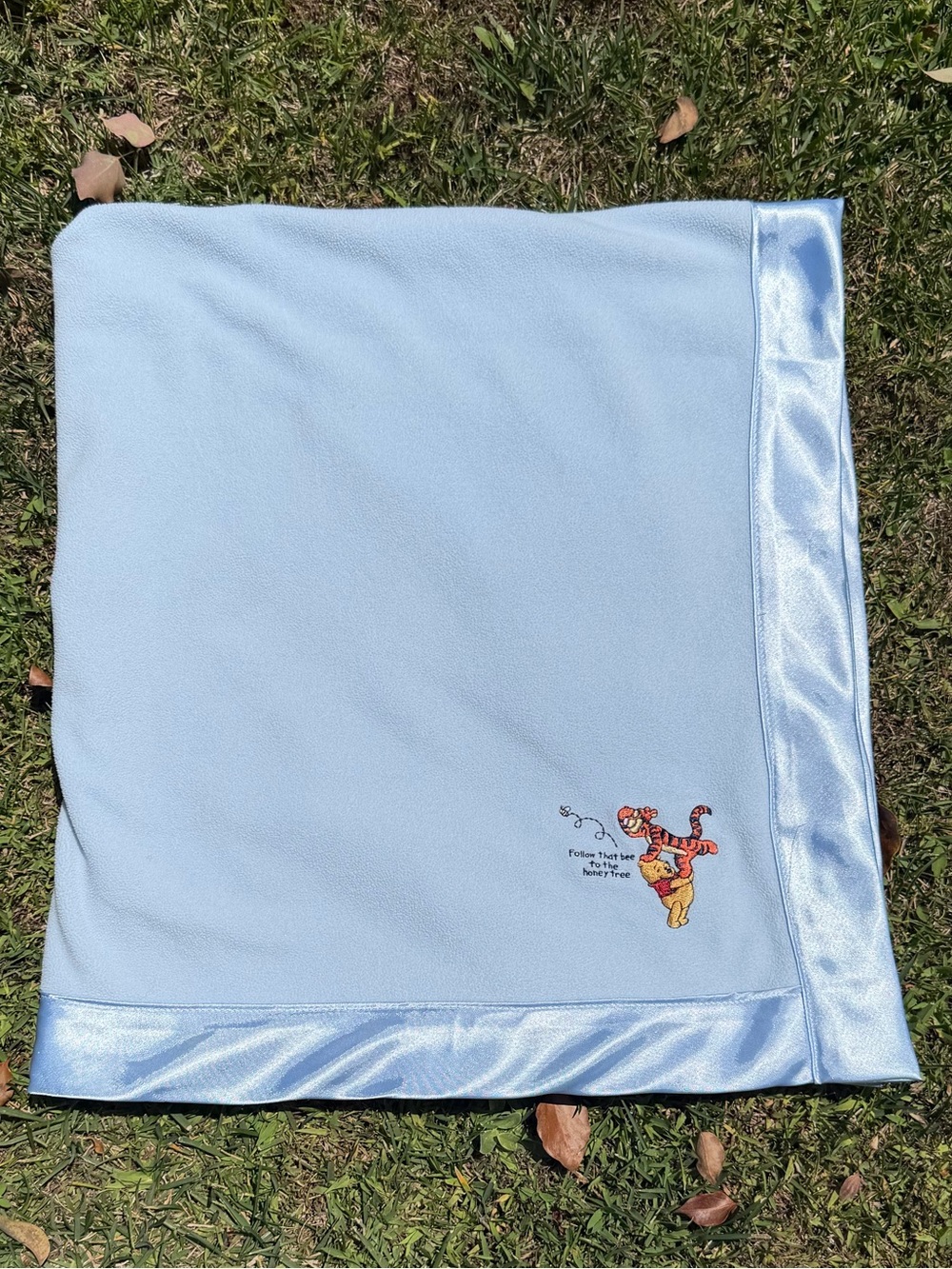 Y2K Disney Blue Satin Trim Lovey Security Baby Blanket Pooh Tigger 32x35 GUC